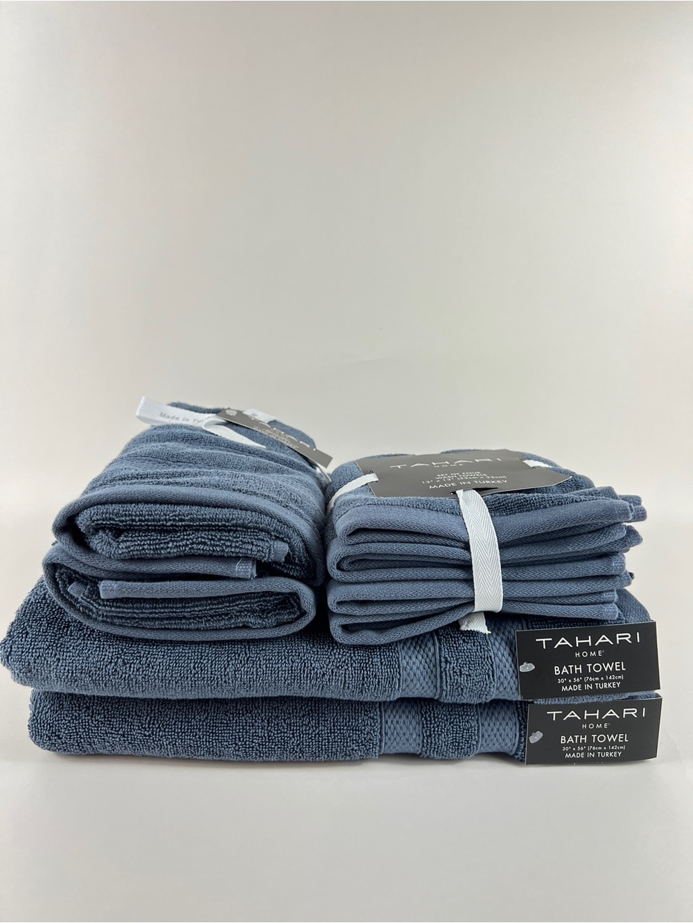 Tahari Home Bath Towel Set Blue Made in Turkey Soft 100% Cotton 8 Pc NEW